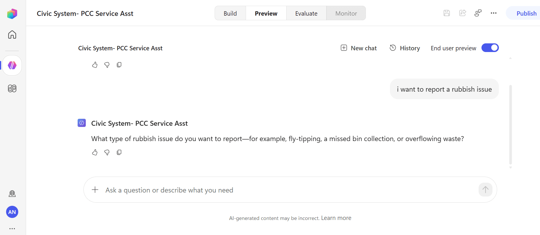 Civic System prototype running in Microsoft Copilot Studio and responding to a resident rubbish-reporting enquiry